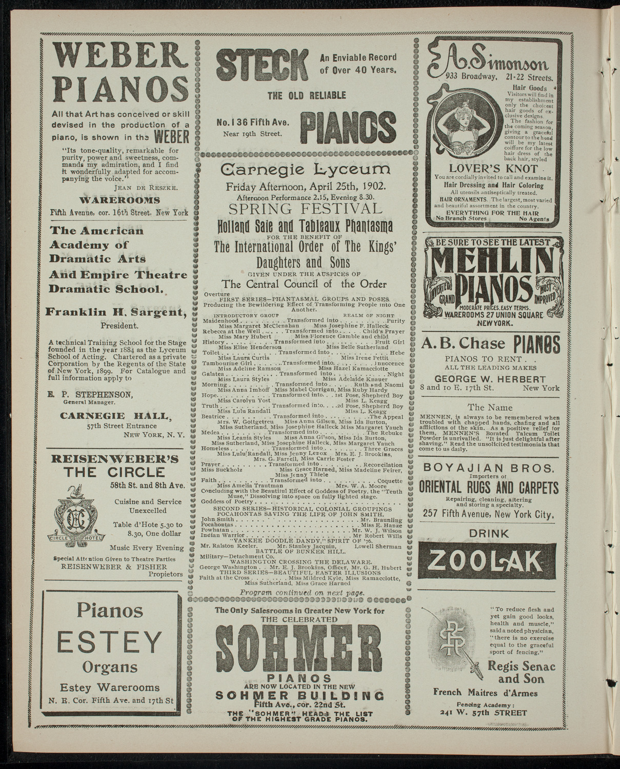 Benefit Performance for The International Order of the Kings' Daughters and Sons, April 25, 1902, program page 2