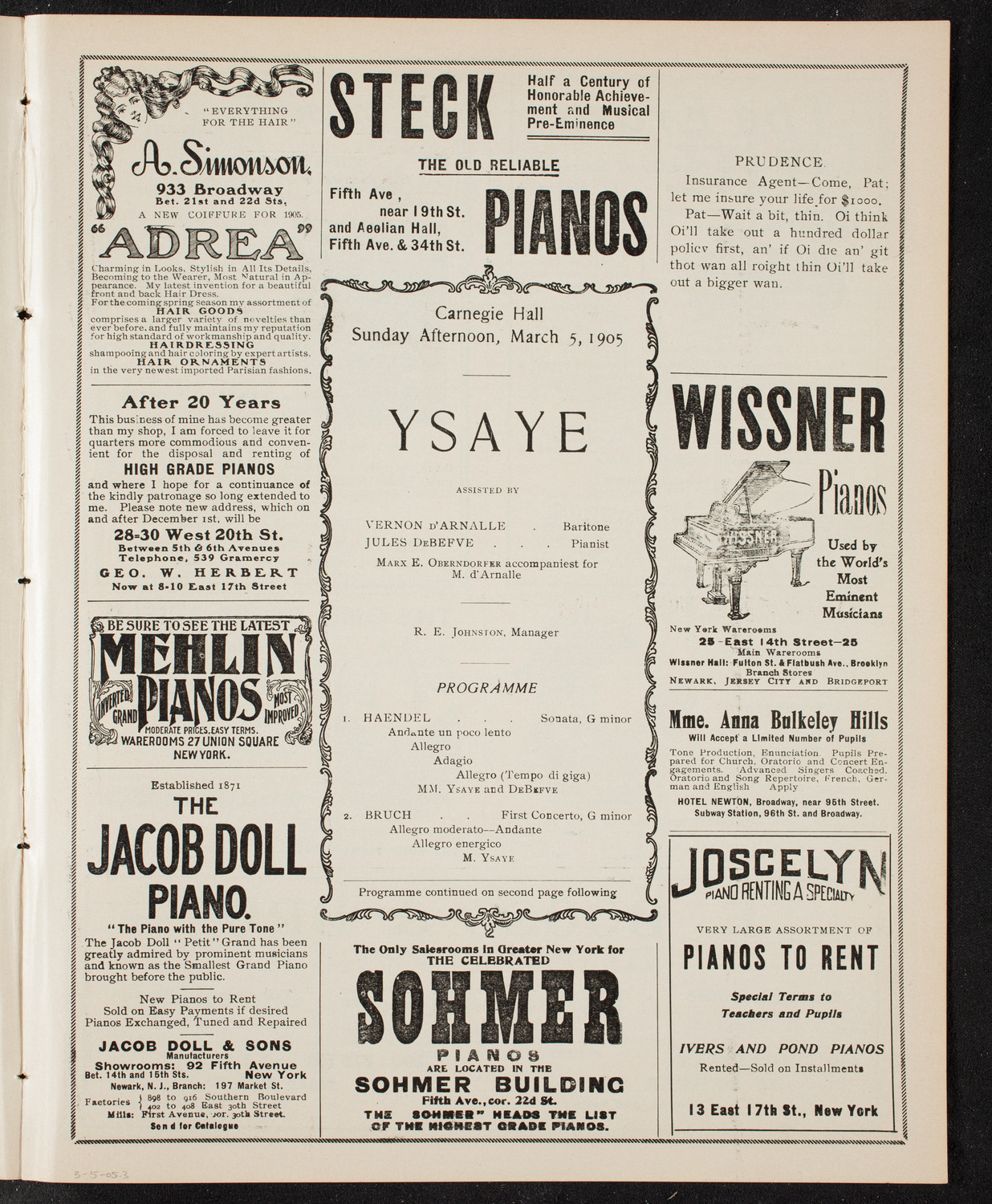 Eugène Ysaÿe, Violin, March 5, 1905, program page 5