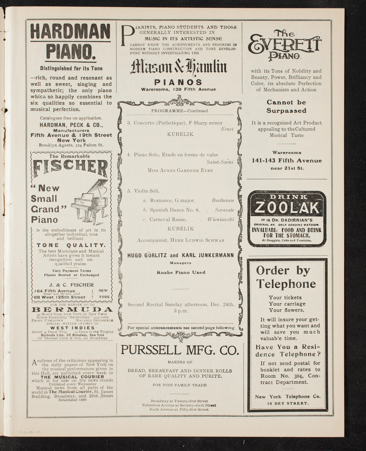 Jan Kubelik, Violin, December 2, 1905, program page 7