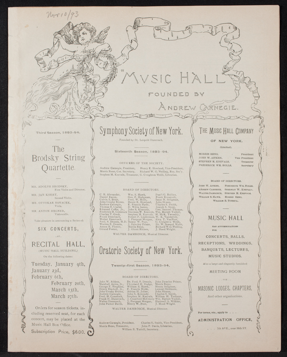 New York Symphony Orchestra, November 10, 1893, program page 1