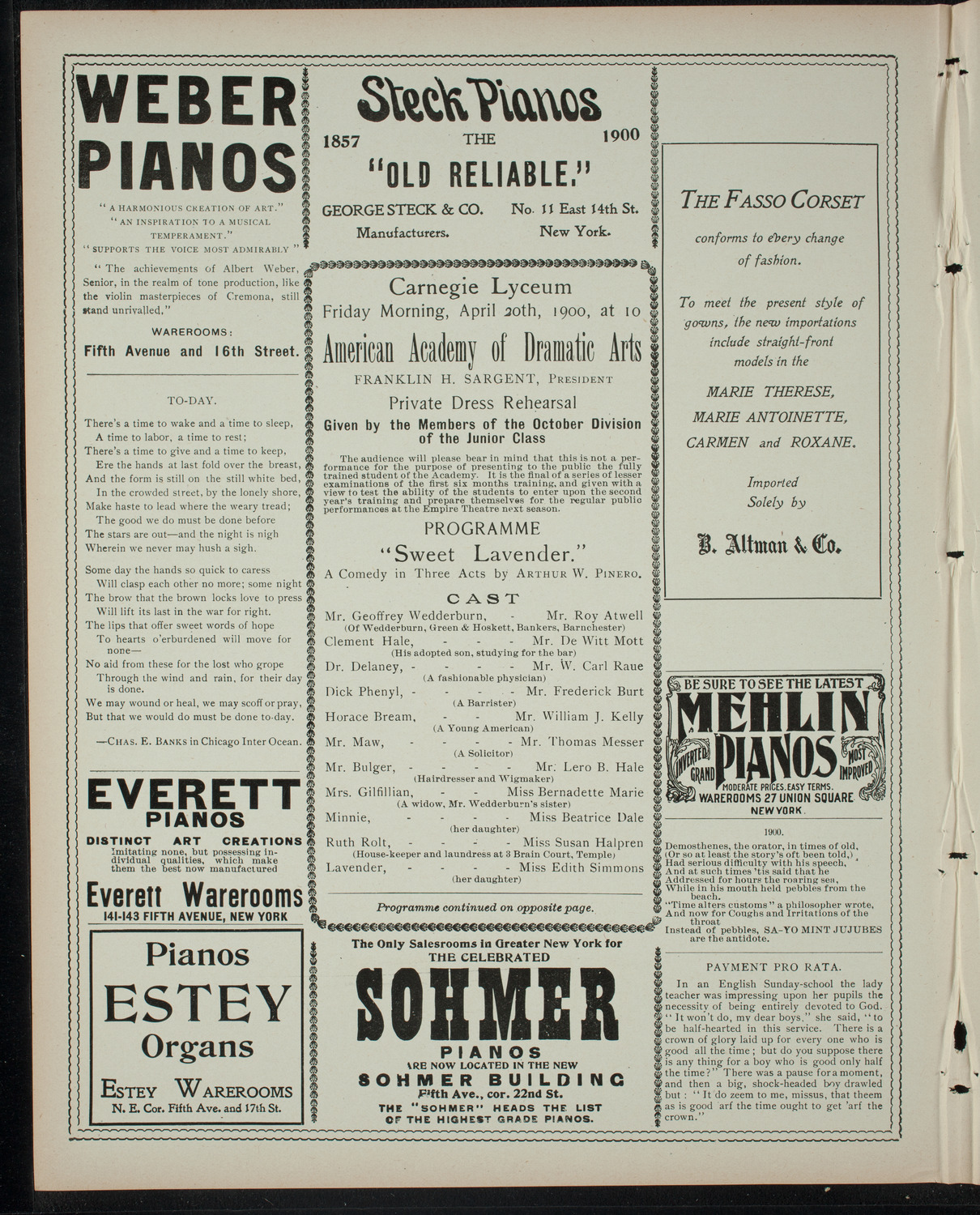 American Academy of Dramatic Arts Private Dress Rehearsal, April 20, 1900, program page 2