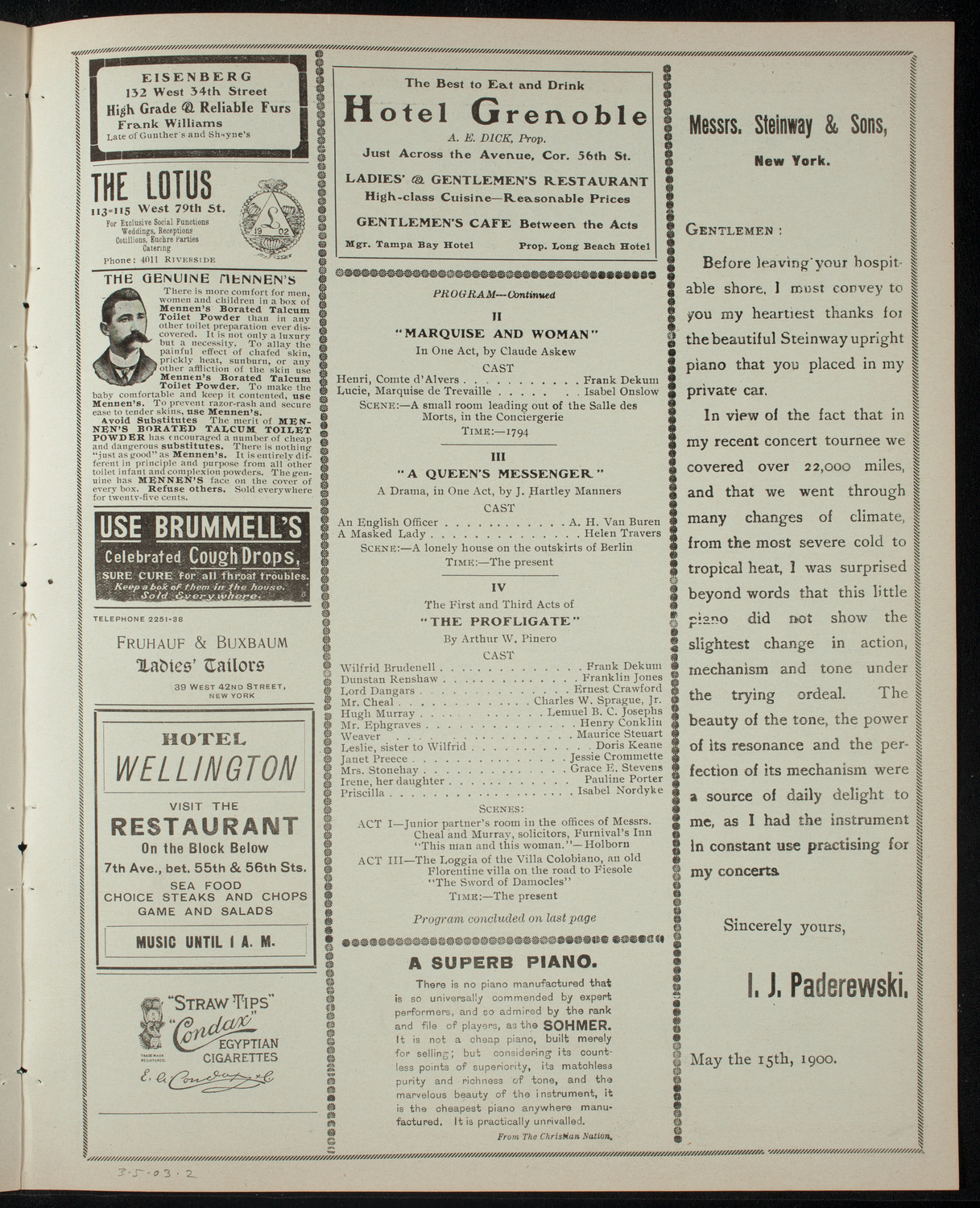 Academy Stock Company of the American Academy of Dramatic Arts/Empire Theatre Dramatic School, March 5, 1903, program page 3