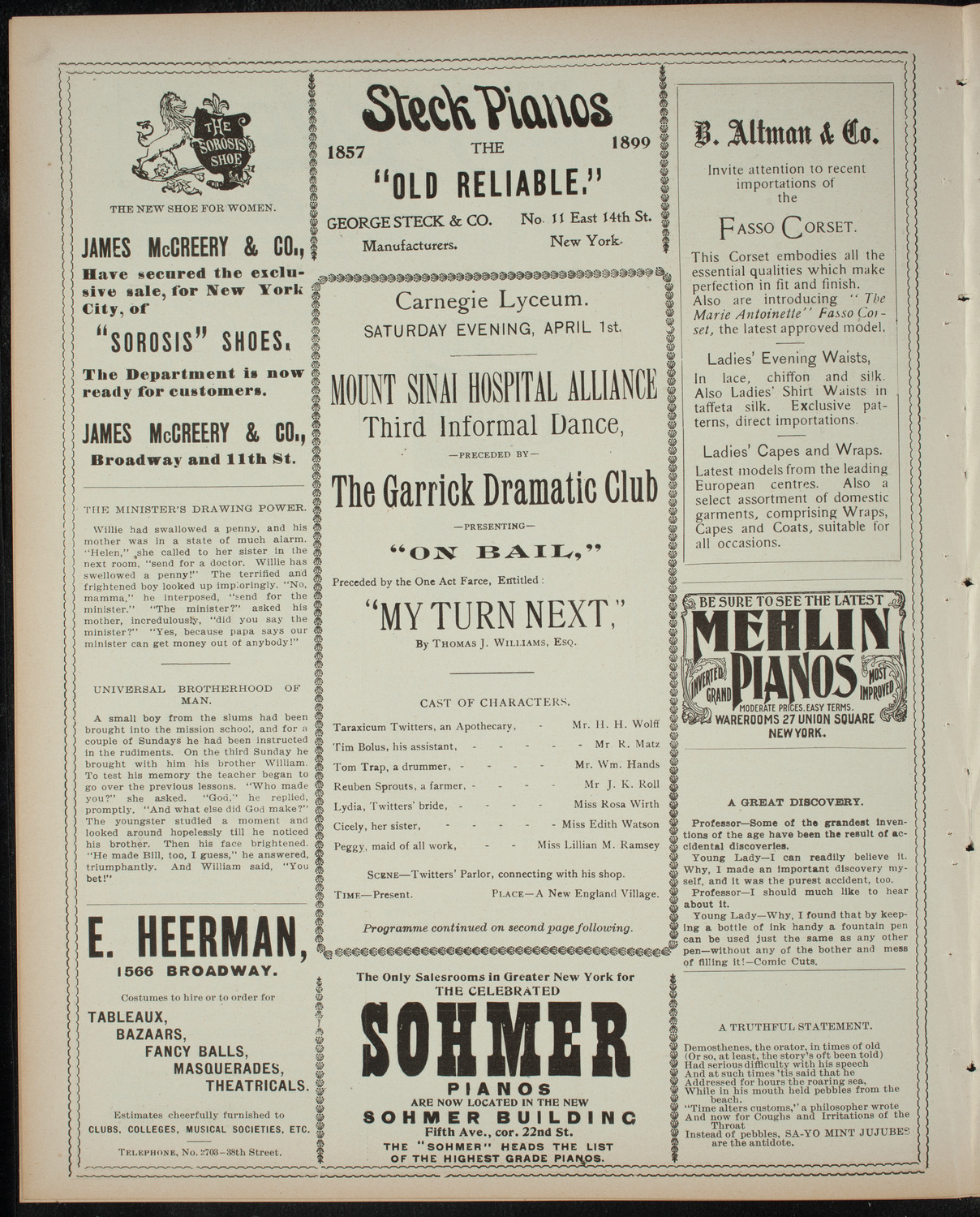 Garrick Dramatic Club, April 1, 1899, program page 4