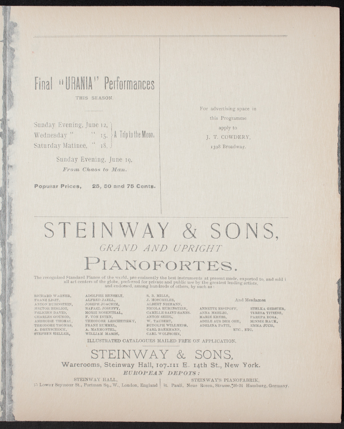 Urania Scientific Theatre, June 11, 1892, program page 3