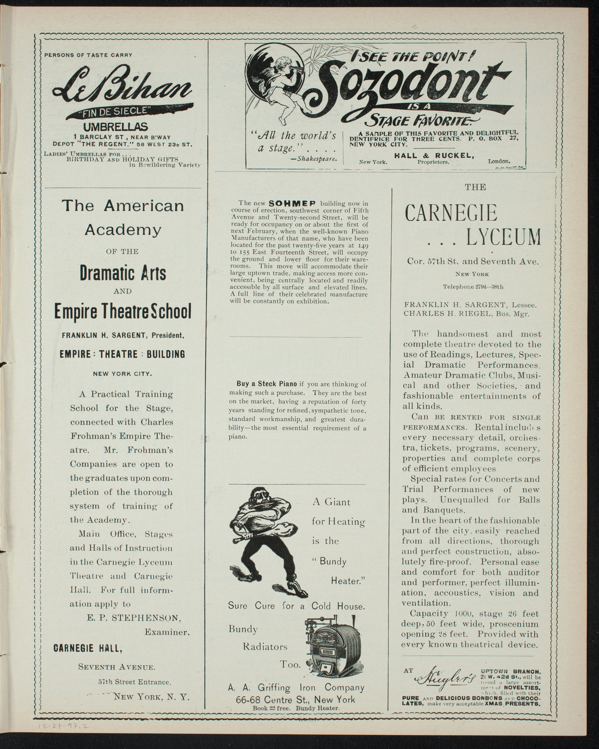Benefit Performance for the Church Settlement Club featuring The Merrymakers, December 27, 1897, program page 3