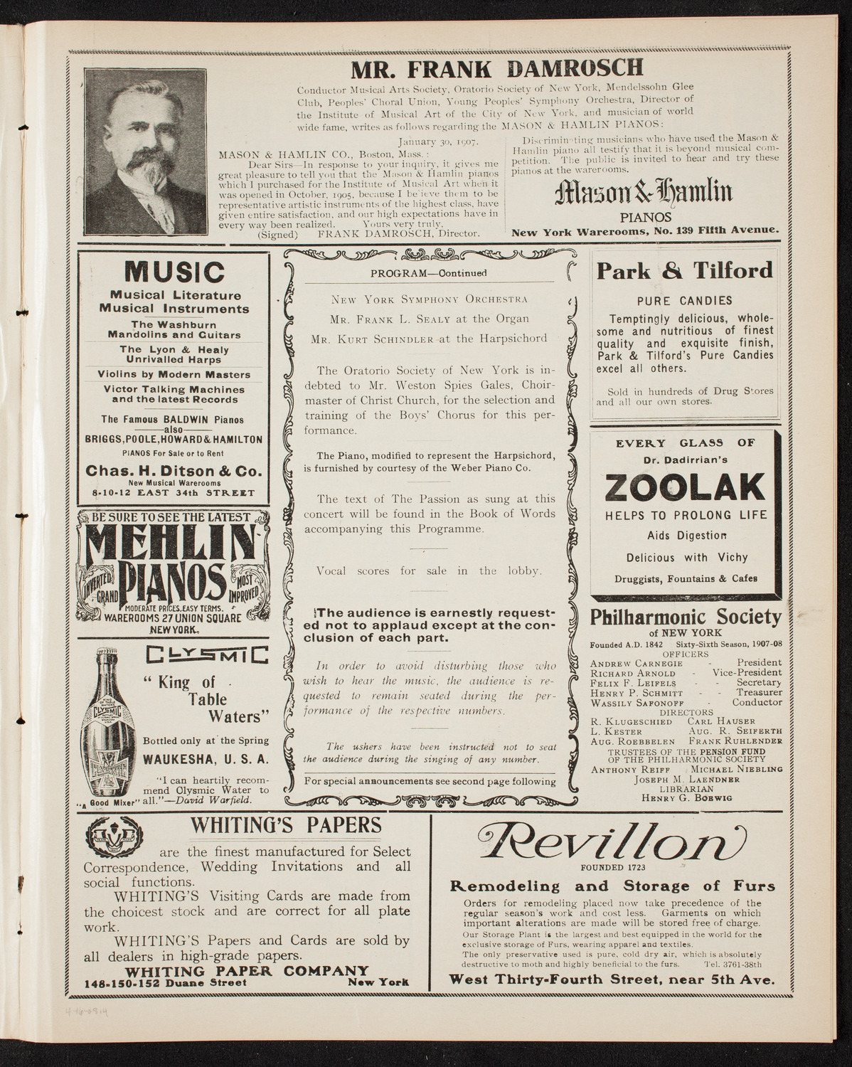 Oratorio Society of New York, April 16, 1908, program page 7