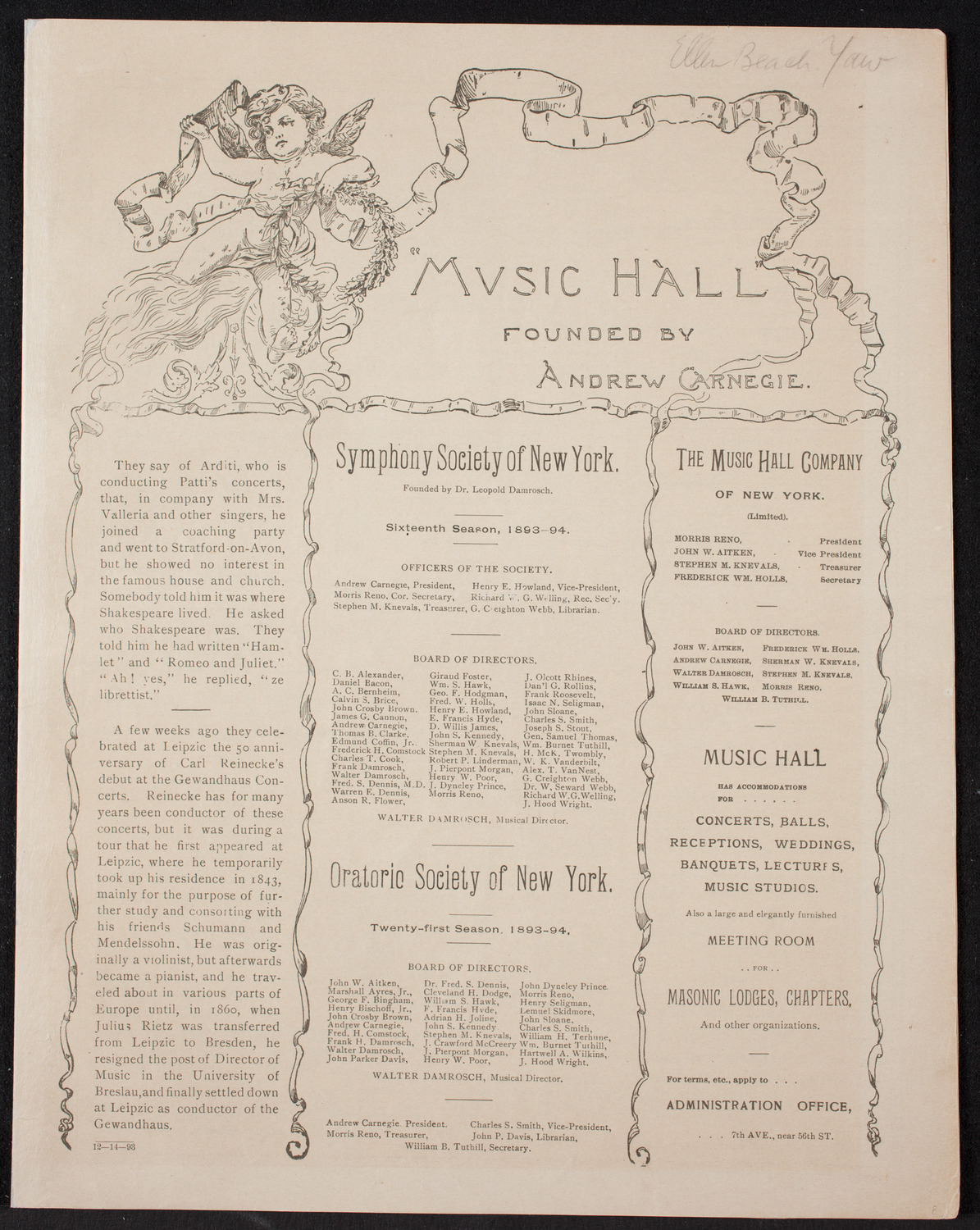 Boston Symphony Orchestra, December 14, 1893, program page 1