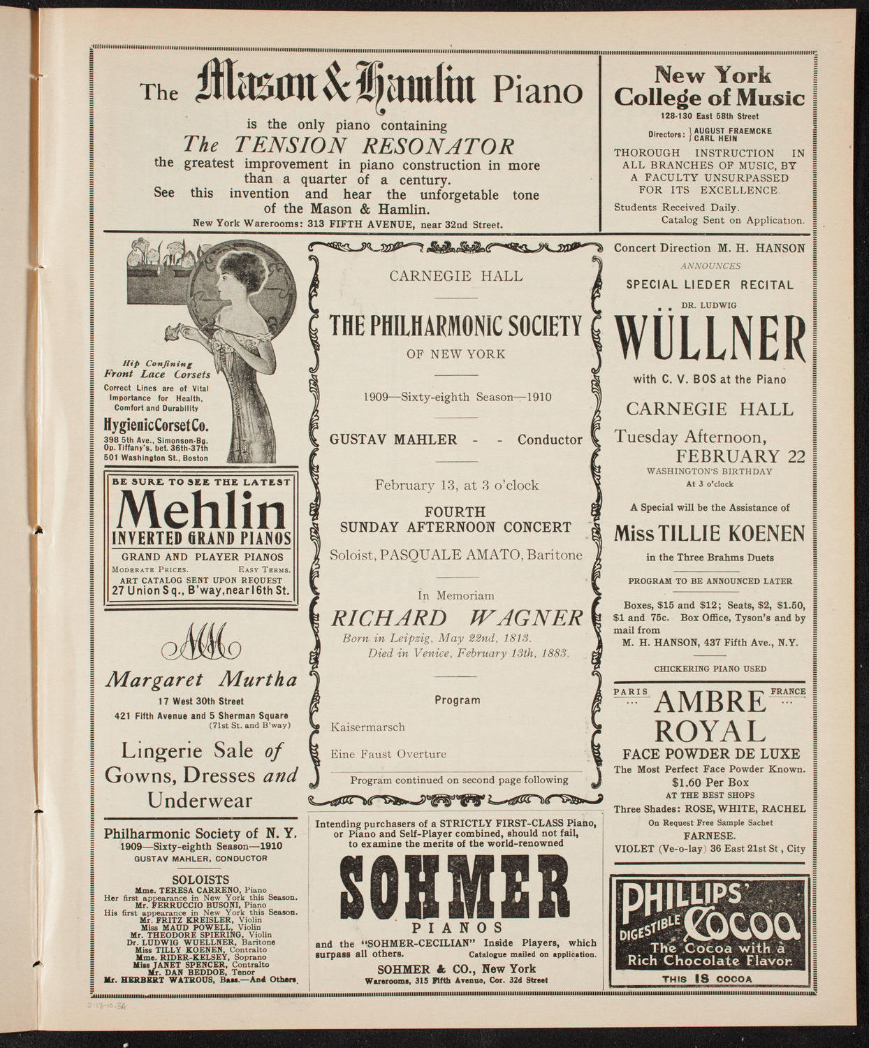 New York Philharmonic, February 13, 1910, program page 5