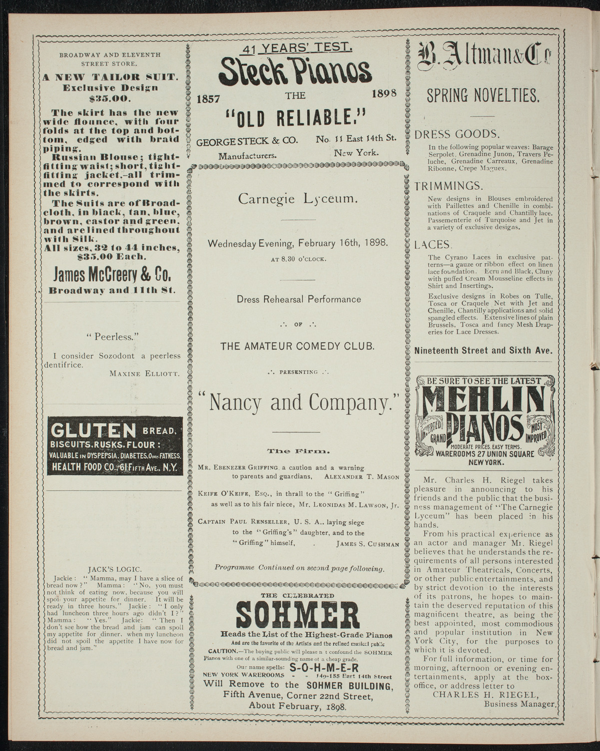 Amateur Comedy Club, February 16, 1898, program page 4