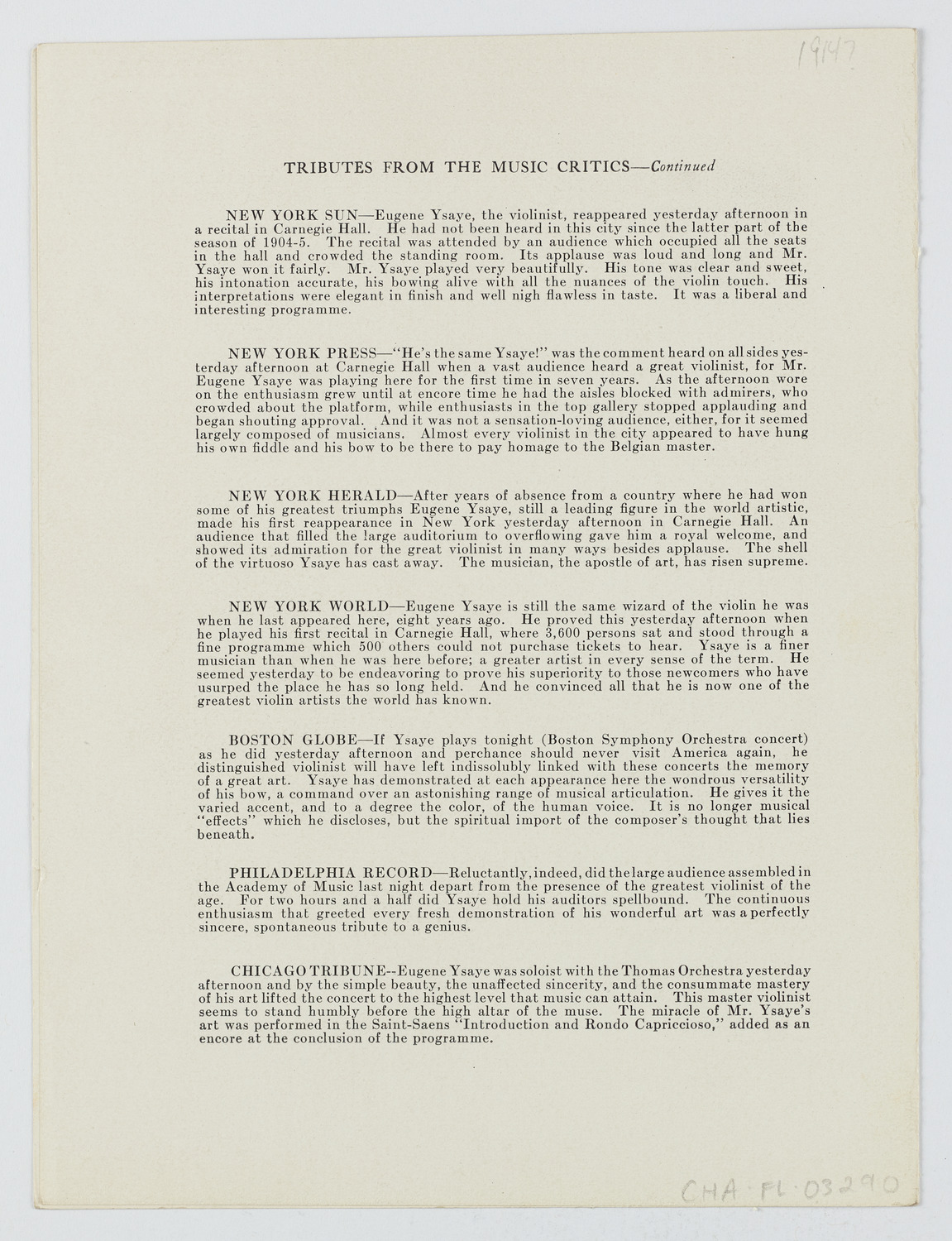 Cancelled Concert: Eugène Ysaÿe, April 18, 1914