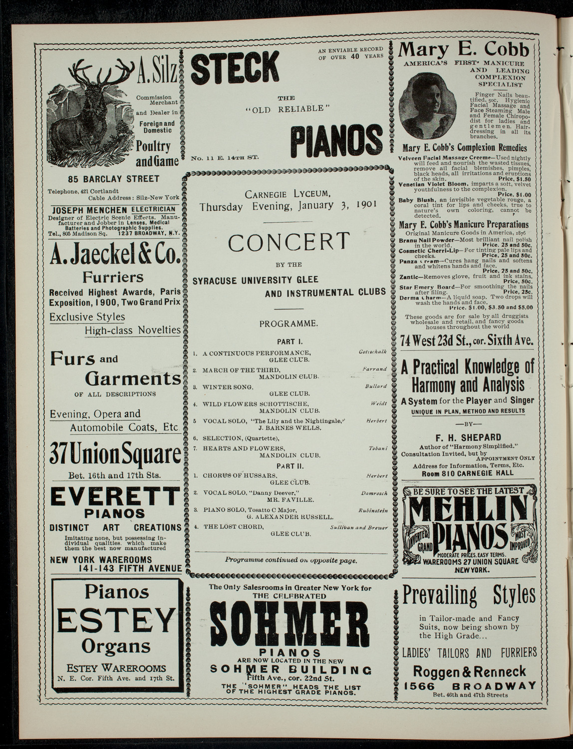 Concert by the Syracuse University Glee and Instrumental Clubs, January 3, 1901, program page 2
