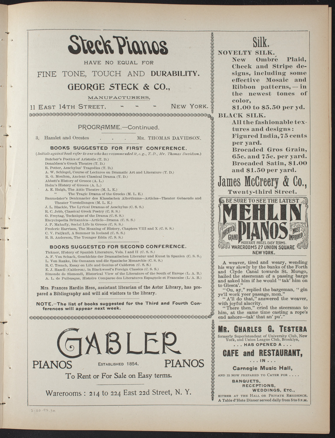 Saturday Morning Conferences on Comparative Literature, February 20, 1897, program page 5