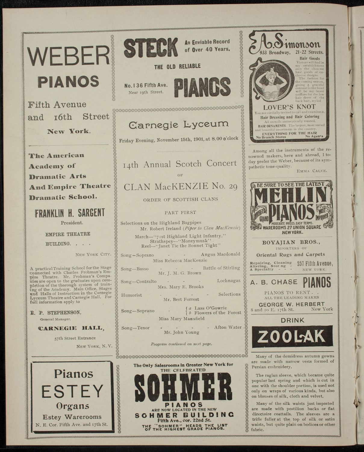 14th Annual Scotch Concert of Clan MacKenzie No. 29, November 15, 1901, program page 2