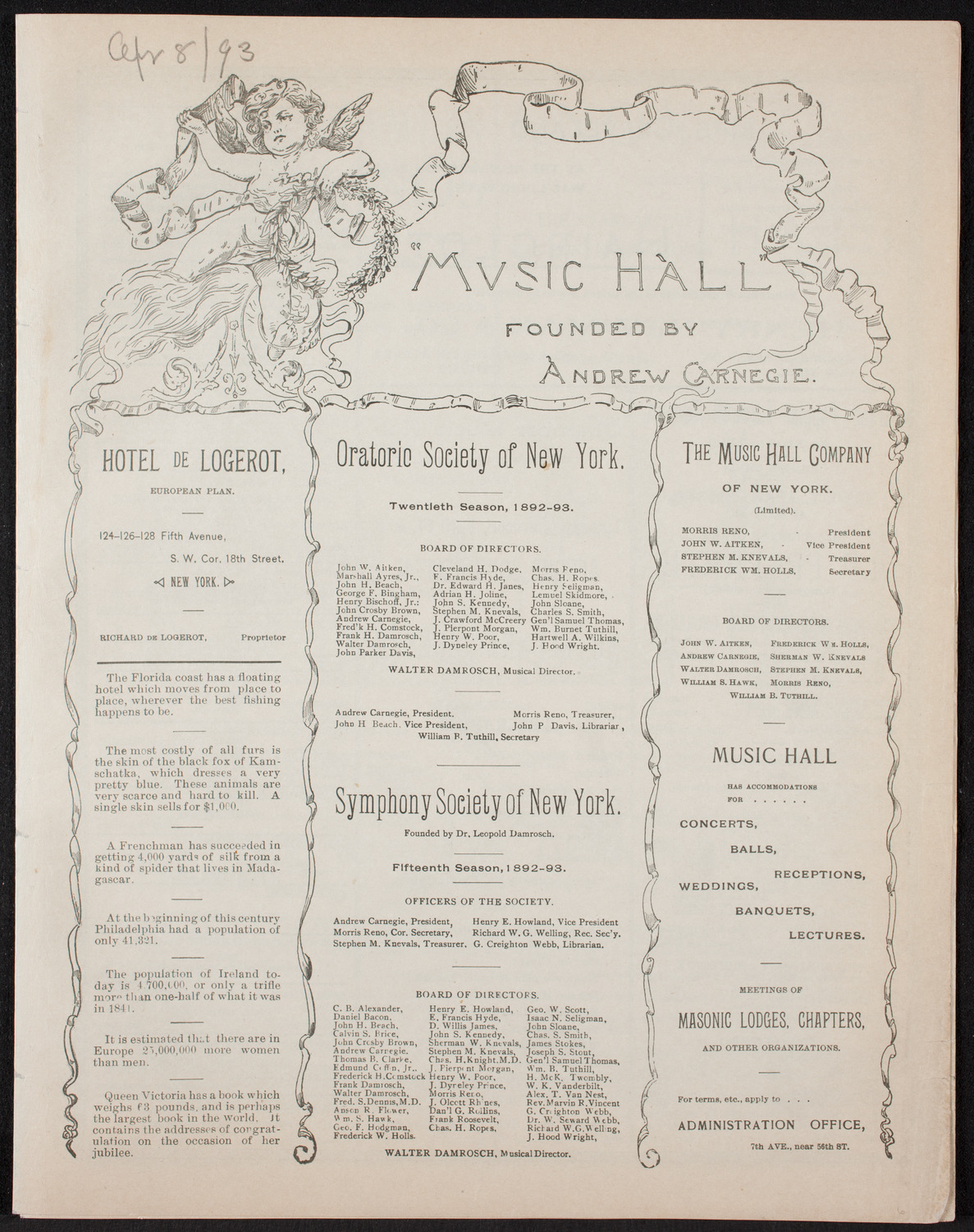 Oratorio Society of New York, April 8, 1893, program page 1