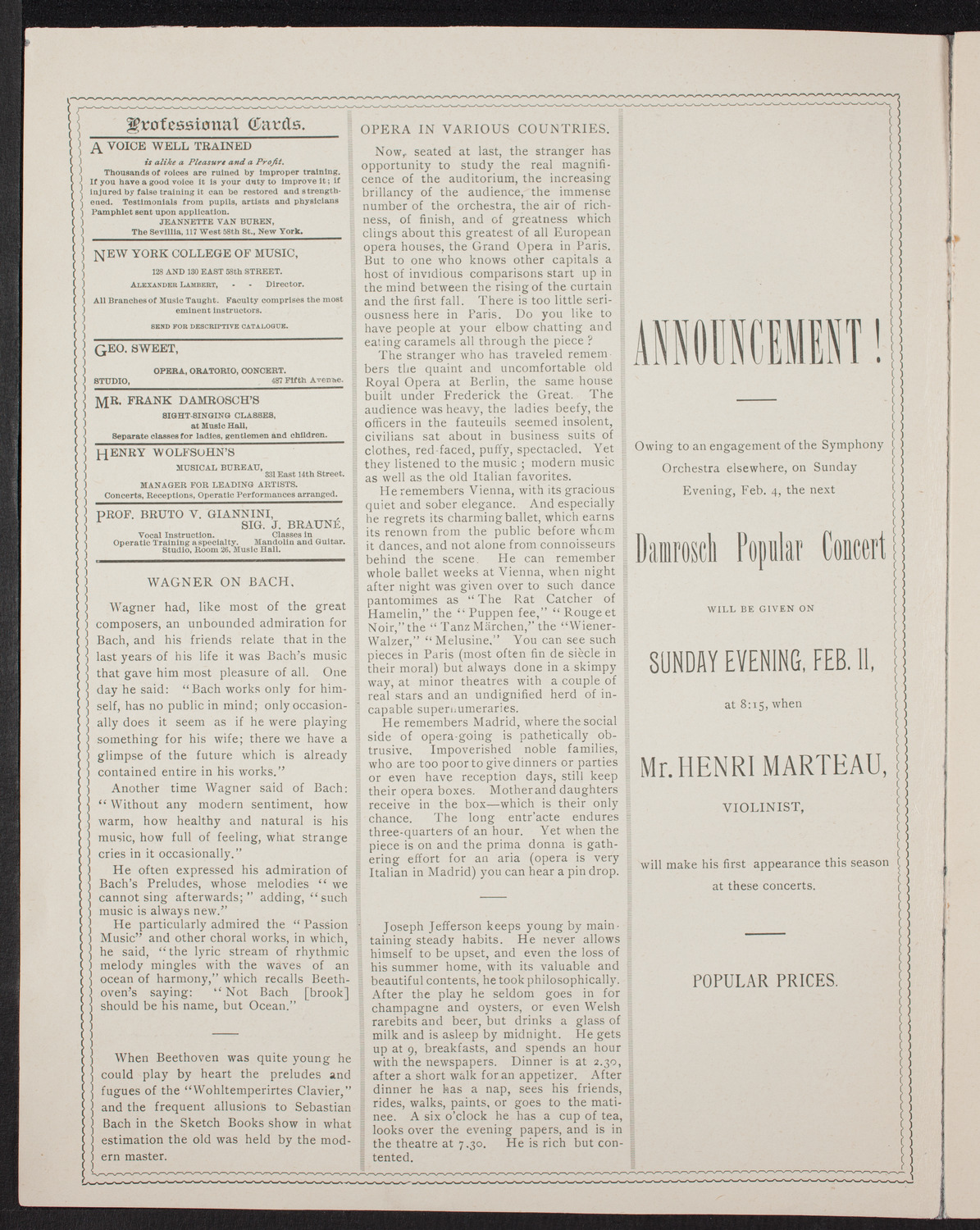 Damrosch Sunday Concert, January 28, 1894, program page 2
