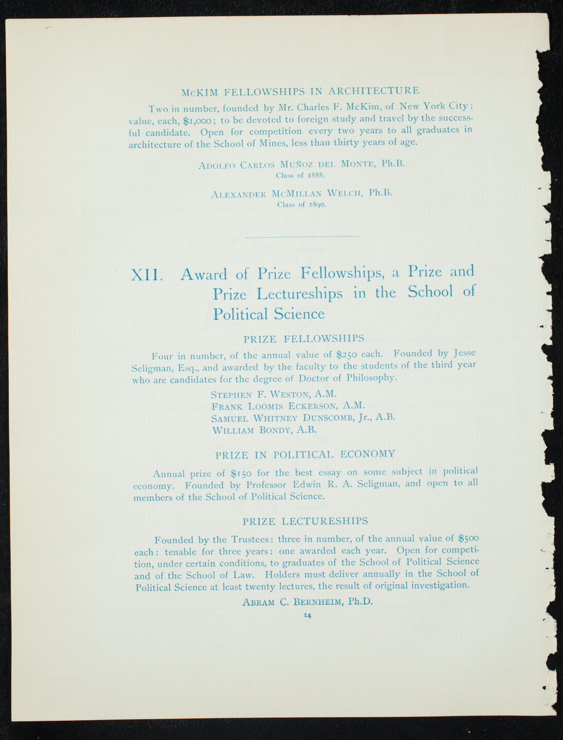 Graduation: Columbia College, June 10, 1891, program page 14