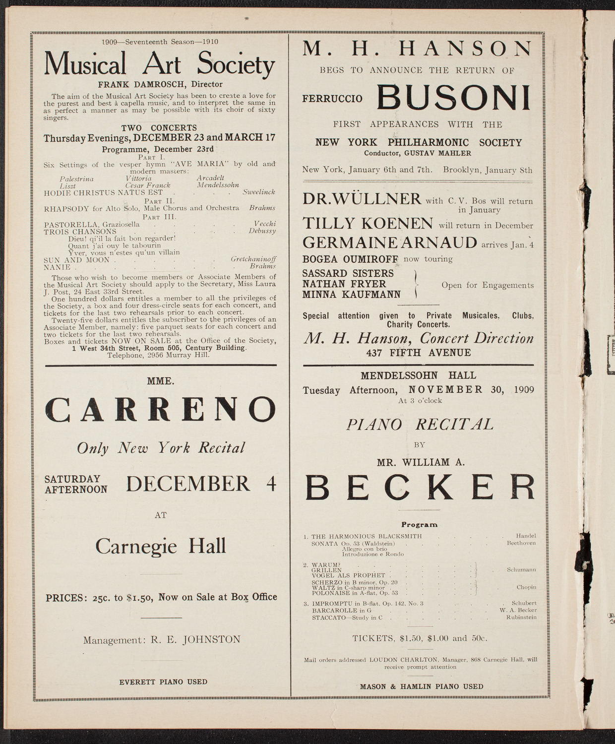 New York Philharmonic, November 25, 1909, program page 10
