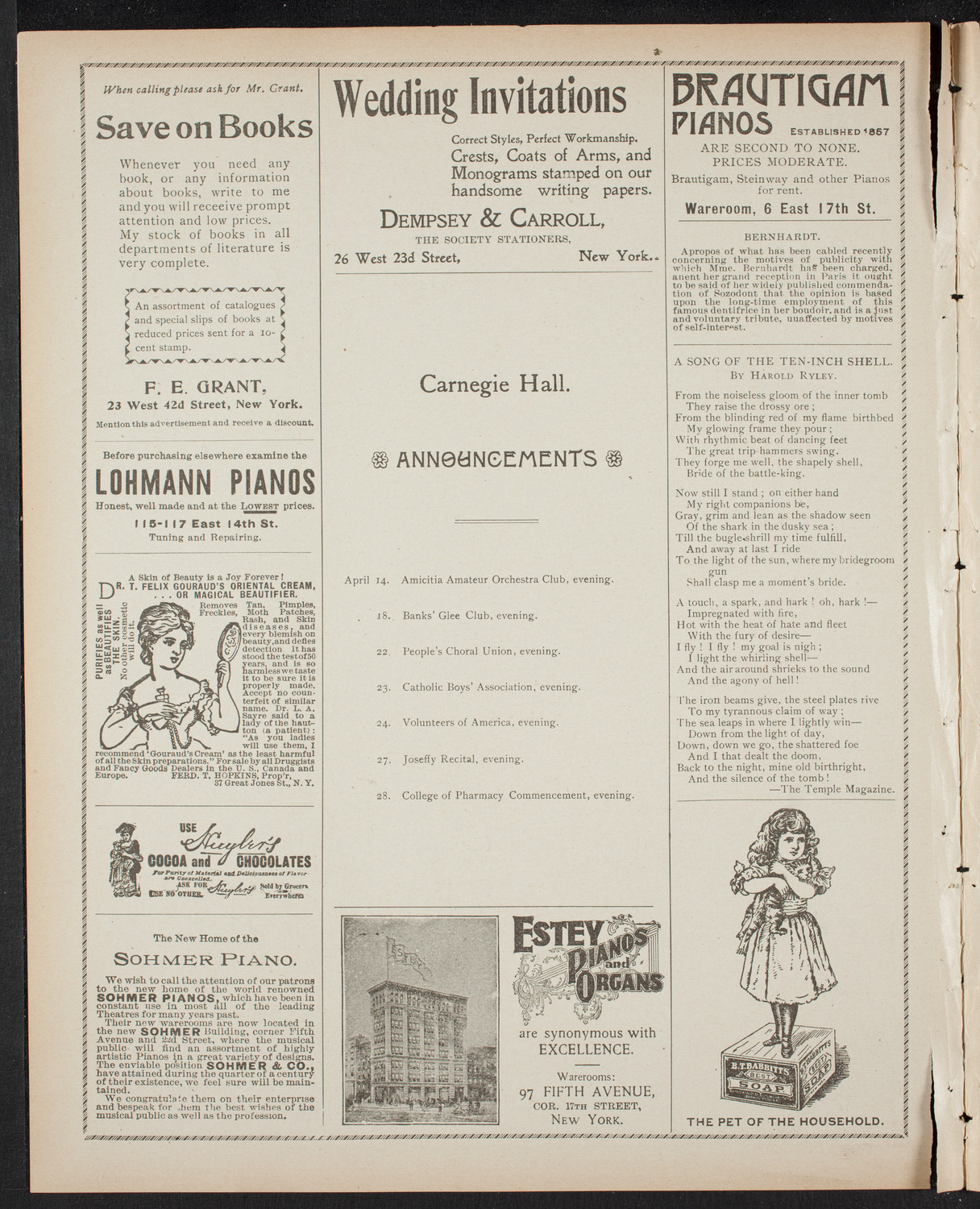Lilli Lehmann, Soprano, April 10, 1899, program page 2