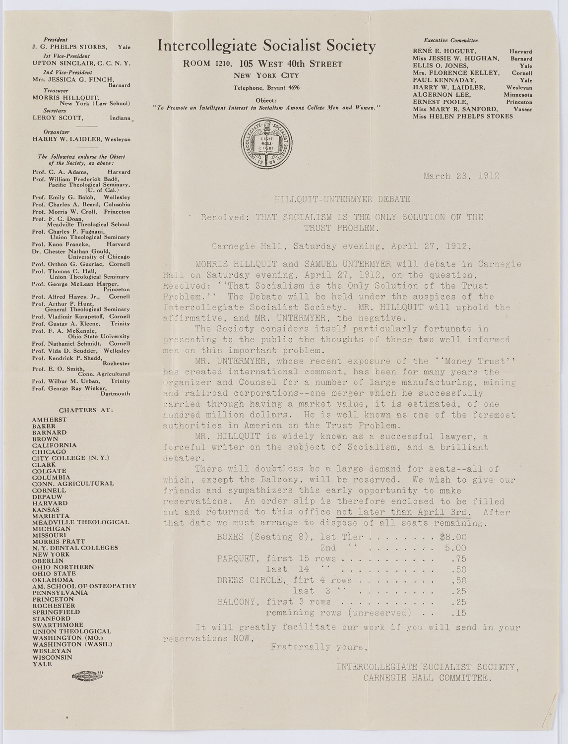 Intercollegiate Socialist Society Debate, April 27, 1912