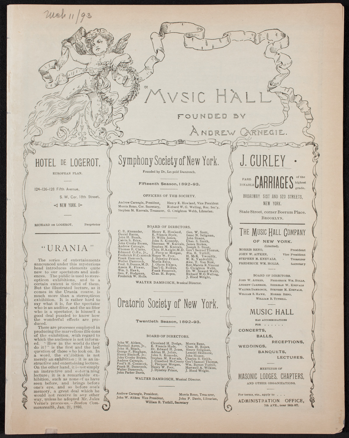 New York Symphony Orchestra, March 11, 1893, program page 1