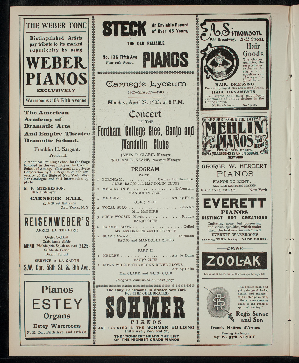 Fordham College Glee, Banjo and Mandolin Clubs, April 27, 1903, program page 2