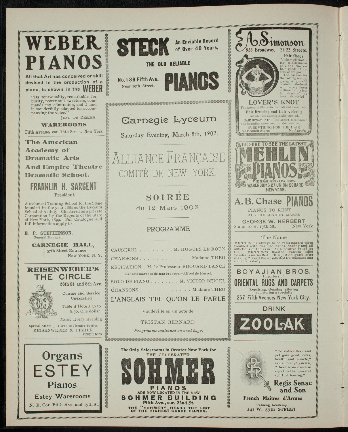 Soirée by the Alliance Française, Comité de New York, March 8, 1902, program page 2