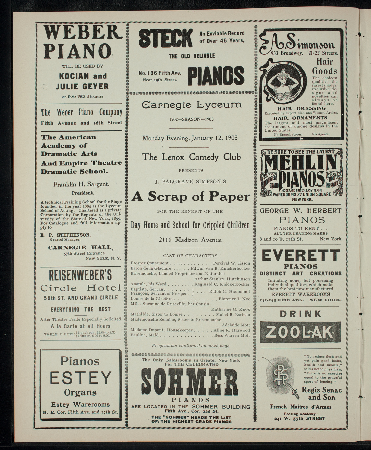 Lenox Comedy Club Benefit Performance for Day Home and School for Crippled Children, January 12, 1903, program page 2