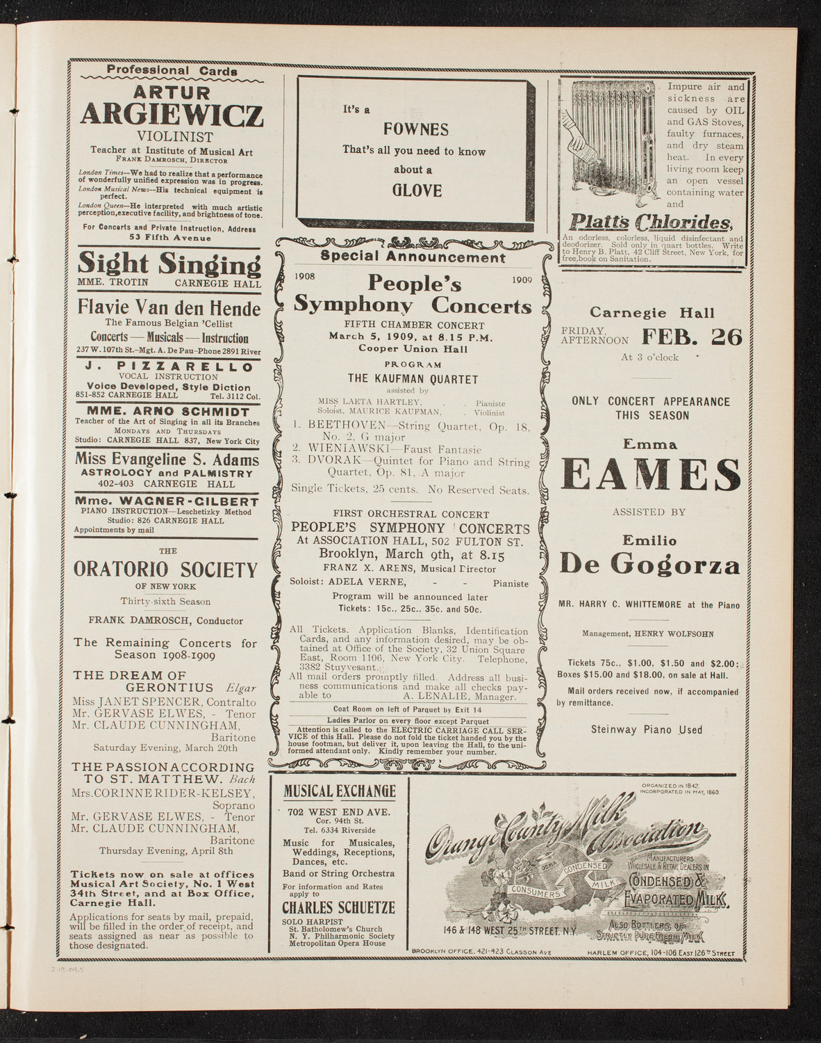 People's Symphony Concert, February 19, 1909, program page 9