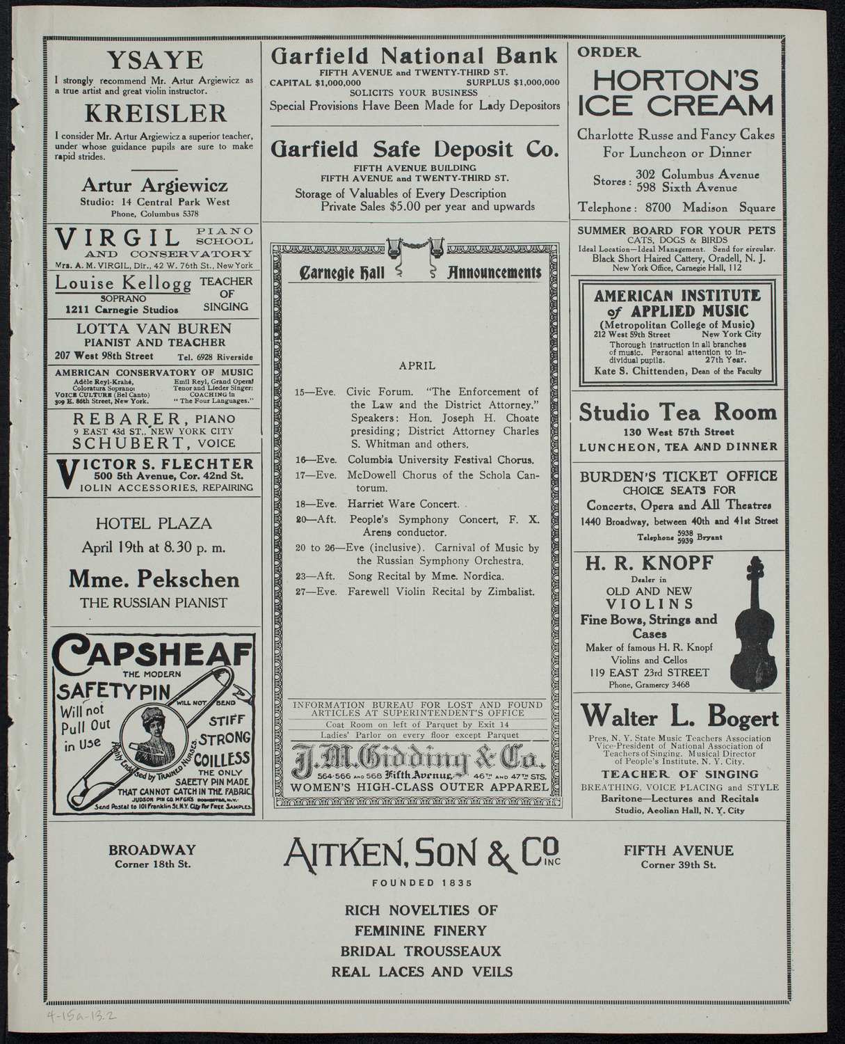 Elena Gerhardt, Soprano, April 15, 1913, program page 3