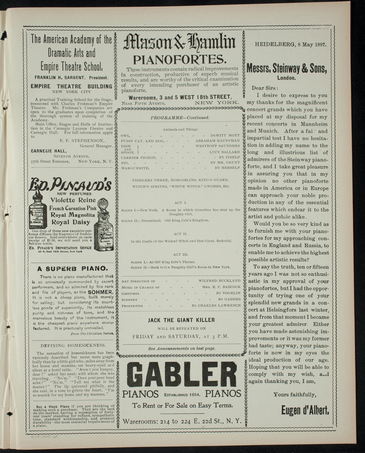 Jack the Giant Killer, April 19, 1900, program page 3