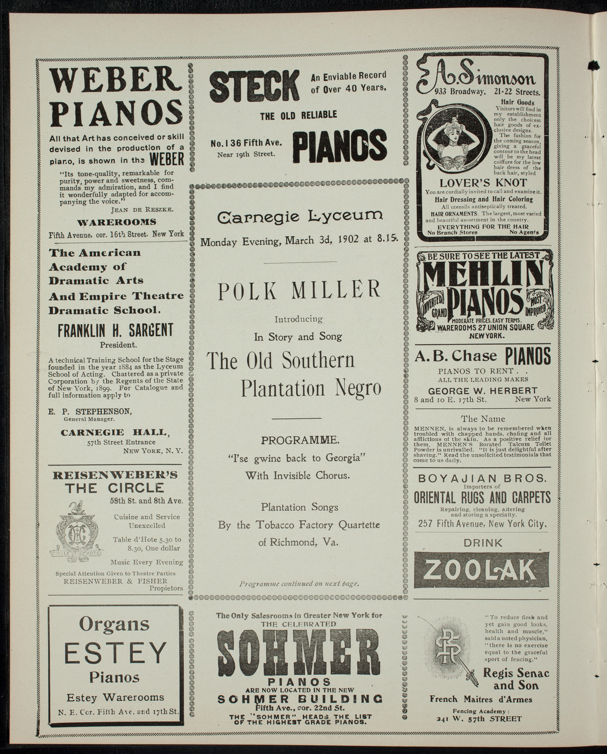 Polk Miller In Story and Song -- "The Old Southern Plantation Negro", March 3, 1902, program page 2