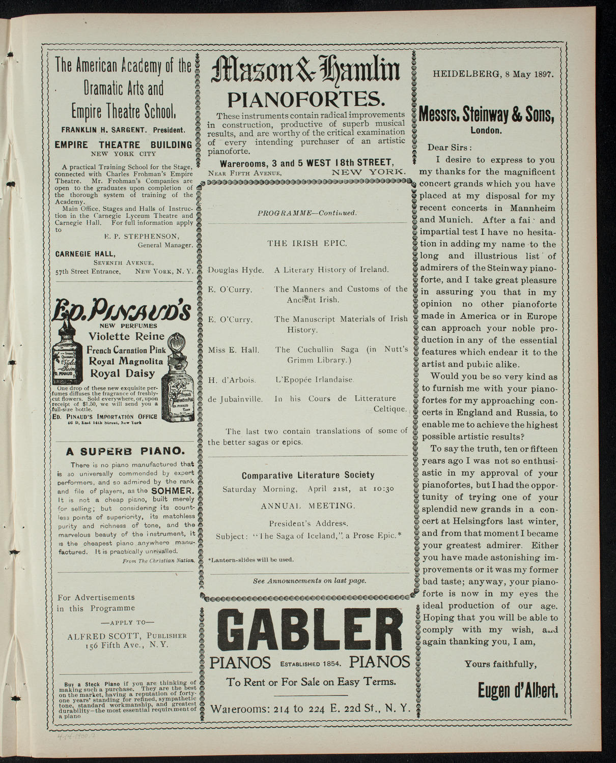 Comparative Literature Society, April 14, 1900, program page 3