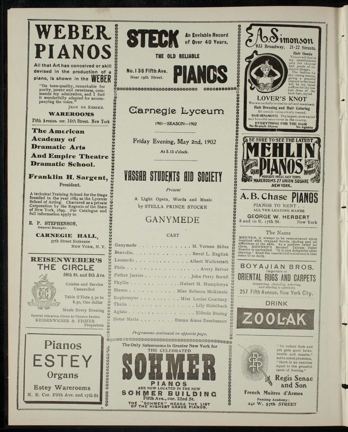 Operetta Presentation by The Vassar Students Aid Society, May 2, 1902, program page 2