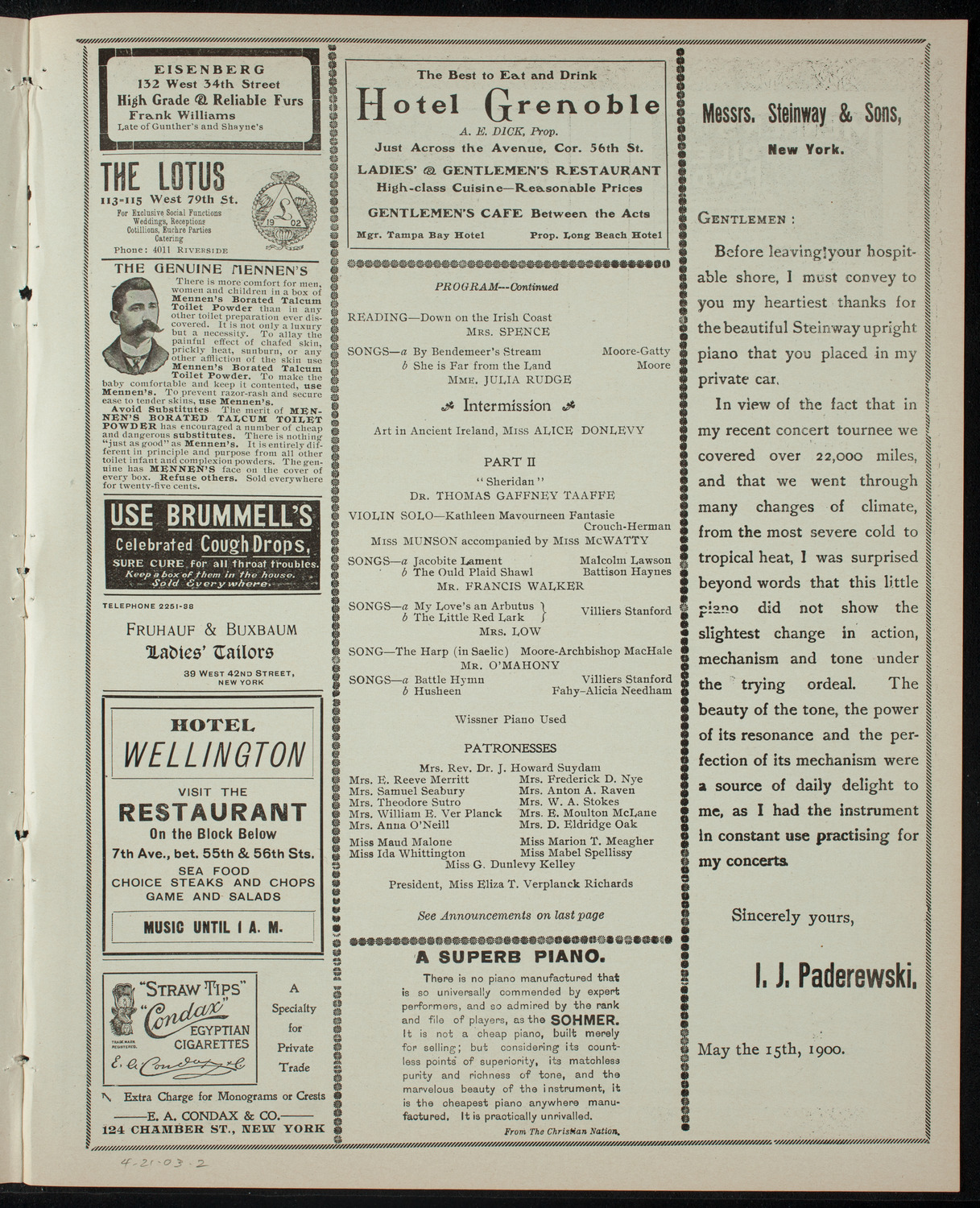 Evening with the Irish Arts, April 21, 1903, program page 3