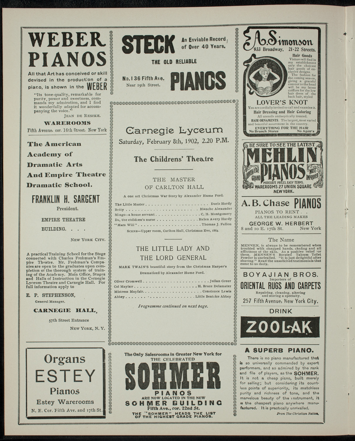 The Children's Theatre, February 8, 1902, program page 2