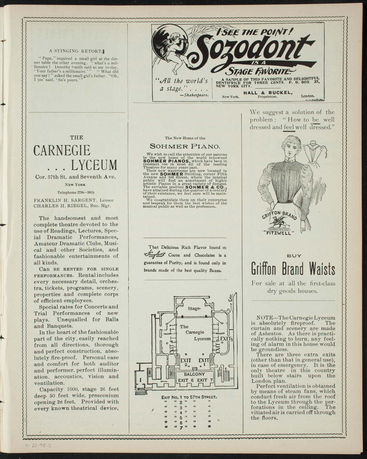 Veltin Alumni "Song Folio", April 21, 1898, program page 3