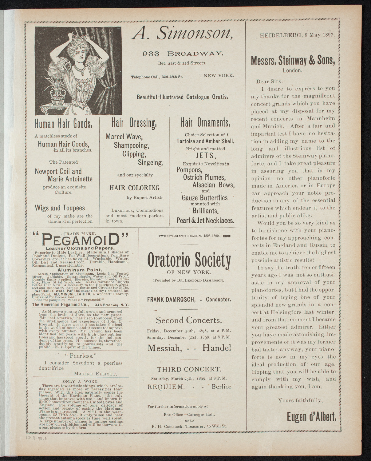 Paur Symphony Orchestra - Sunday Night Popular Concert, December 4, 1898, program page 5