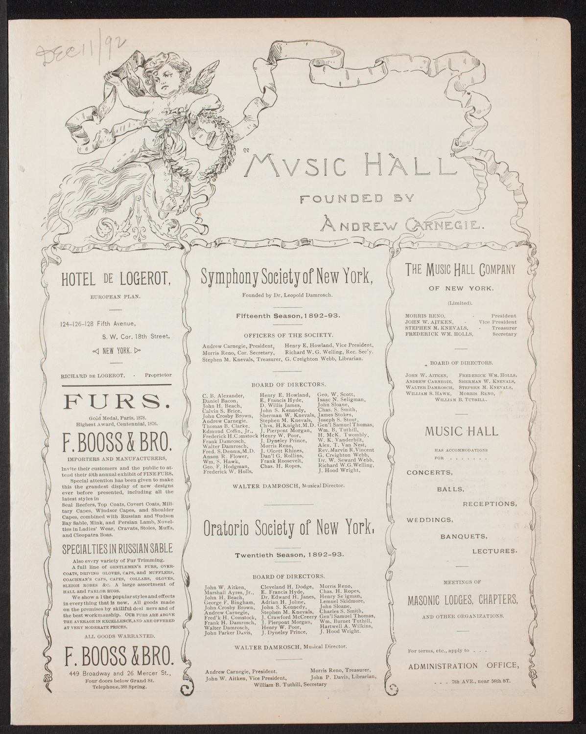 Damrosch Sunday Concert, December 11, 1892, program page 1