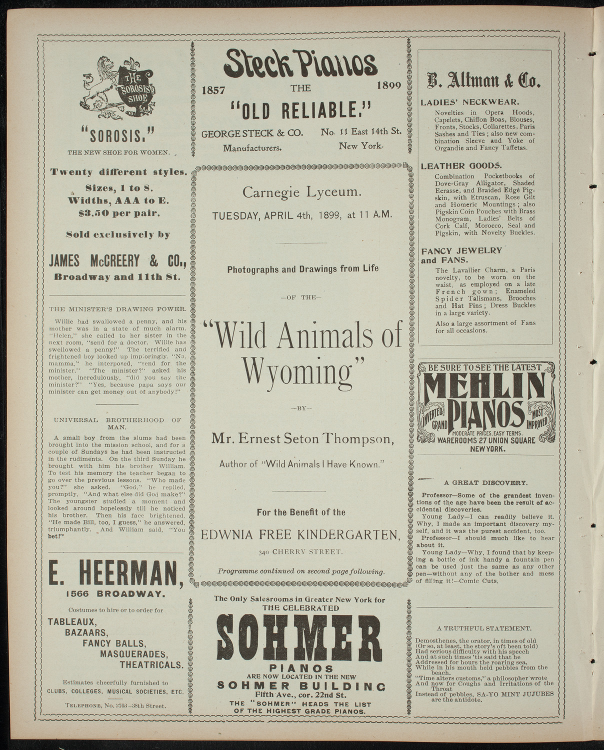 Lecture on Wild Animals of Wyoming, April 4, 1899, program page 4