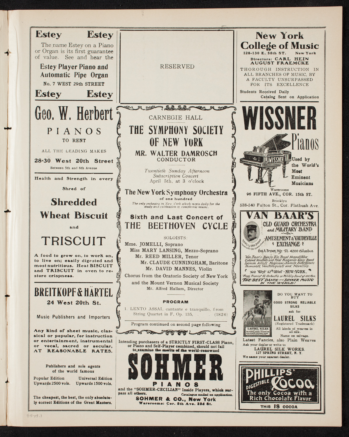 New York Symphony Orchestra: Beethoven Cycle, April 5, 1908, program page 5