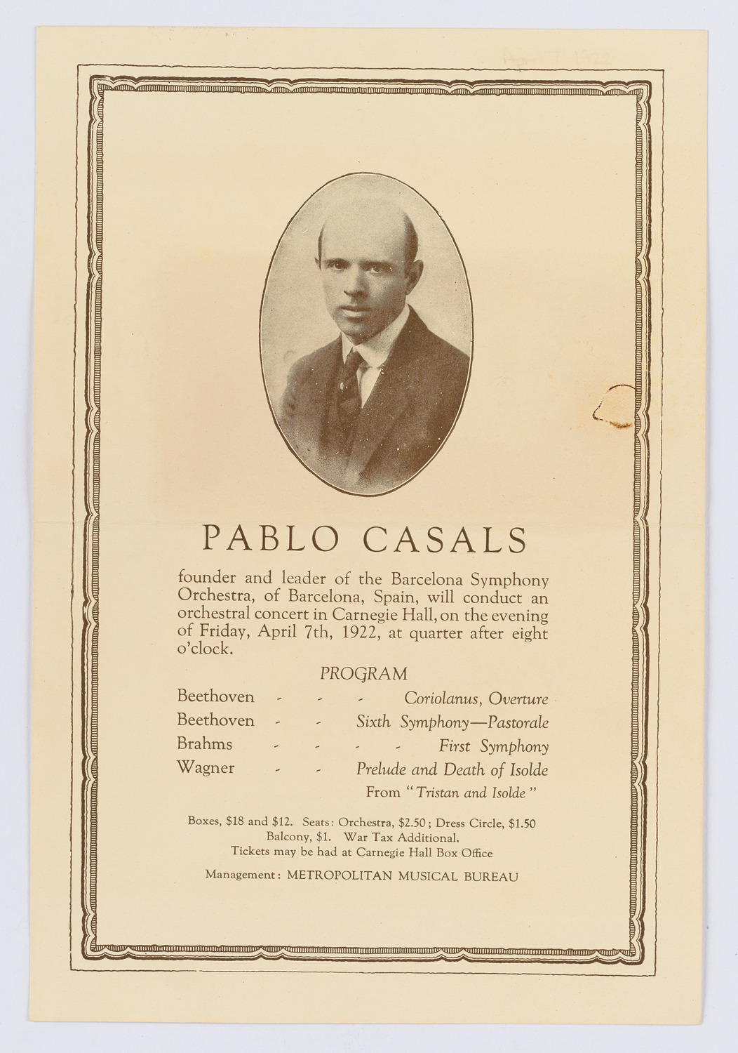 Symphonic Concert Conducted by Pablo Casals, April 7, 1922