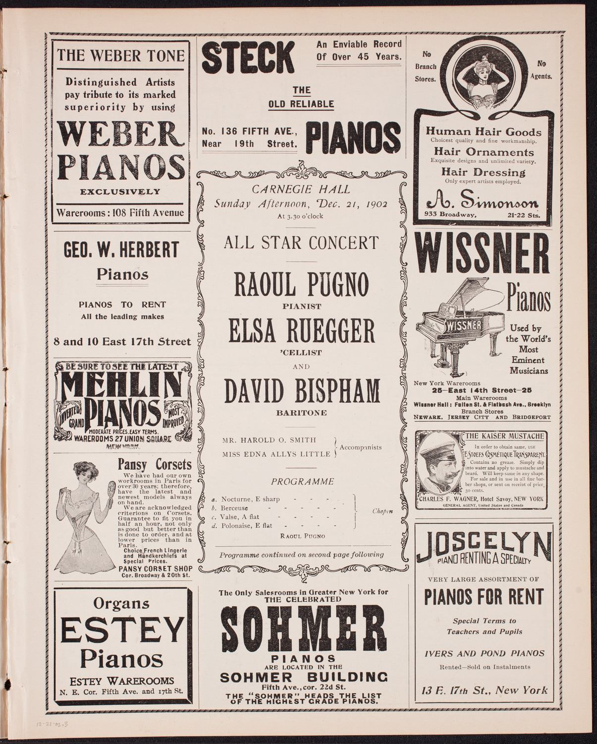 Raoul Pugno, Piano, Elsa Ruegger, Cello, and David Bispham, Baritone, December 21, 1902, program page 5