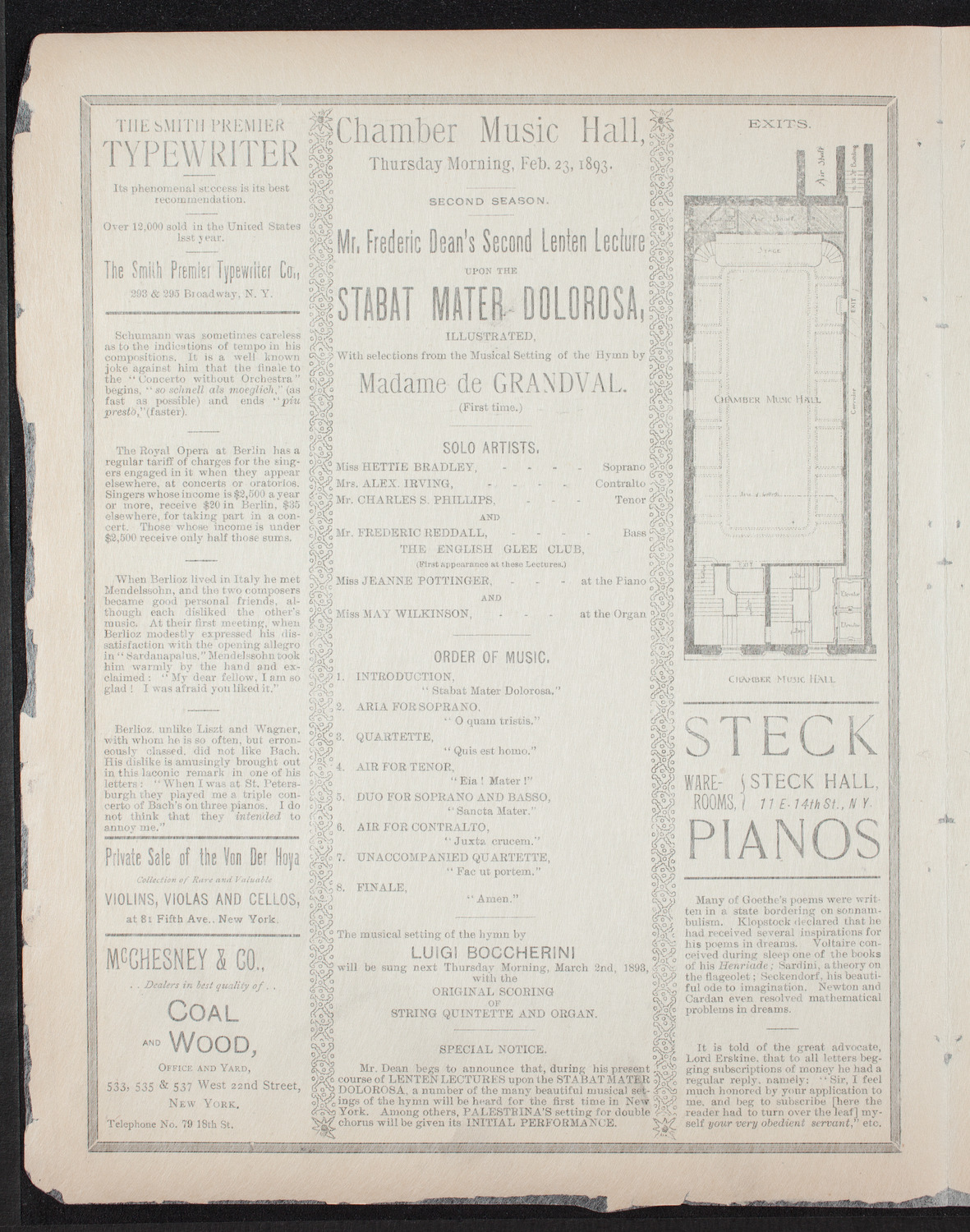 Frederic Dean's Second Lenten Lecture, February 23, 1893, program page 2