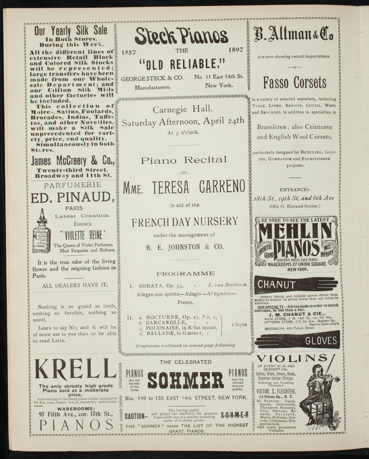 Teresa Carreño, Piano, April 24, 1897, program page 4