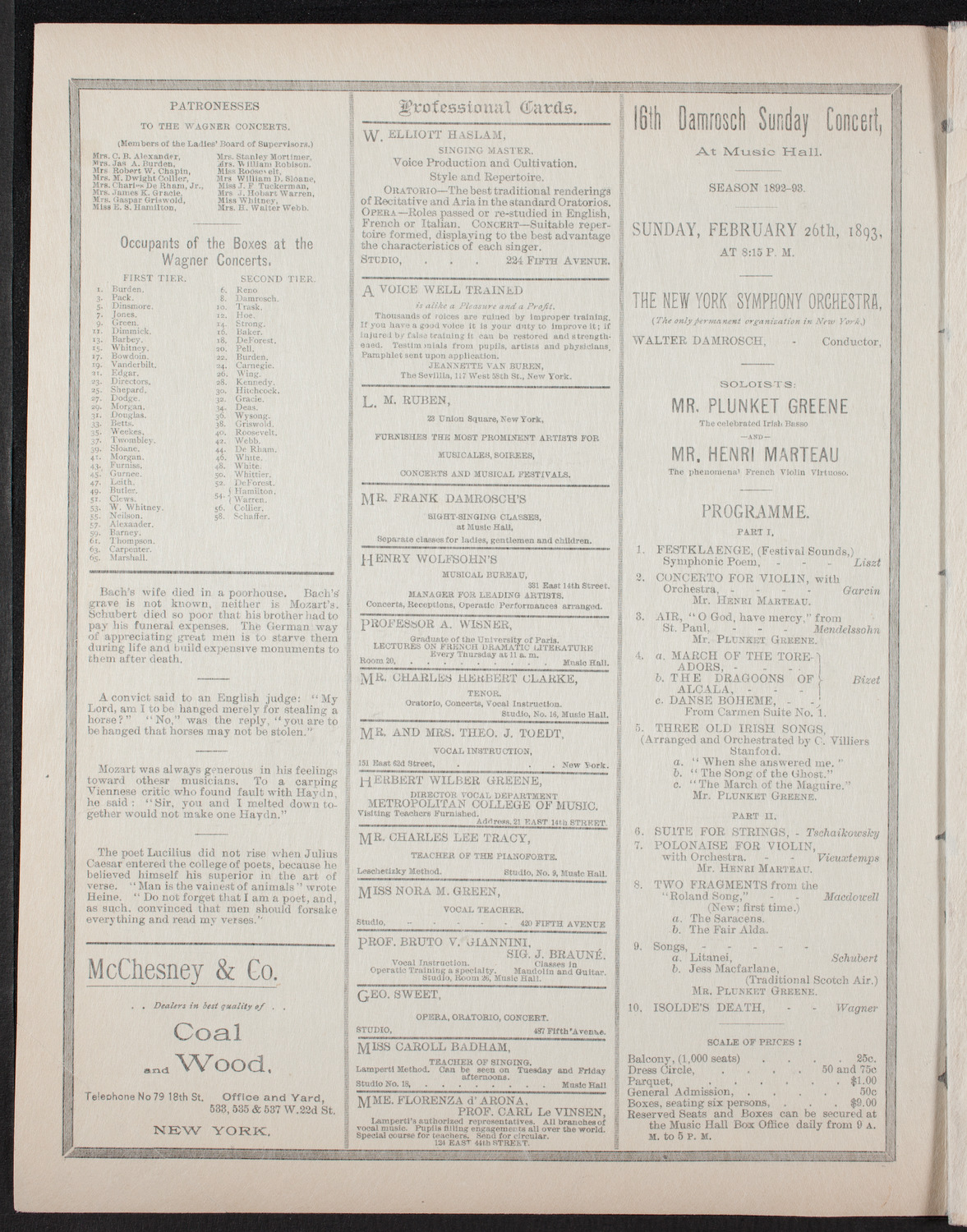 Grand Wagner Concert to Benefit the Orthopaedic Dispensary and Hospital, February 25, 1893, program page 2