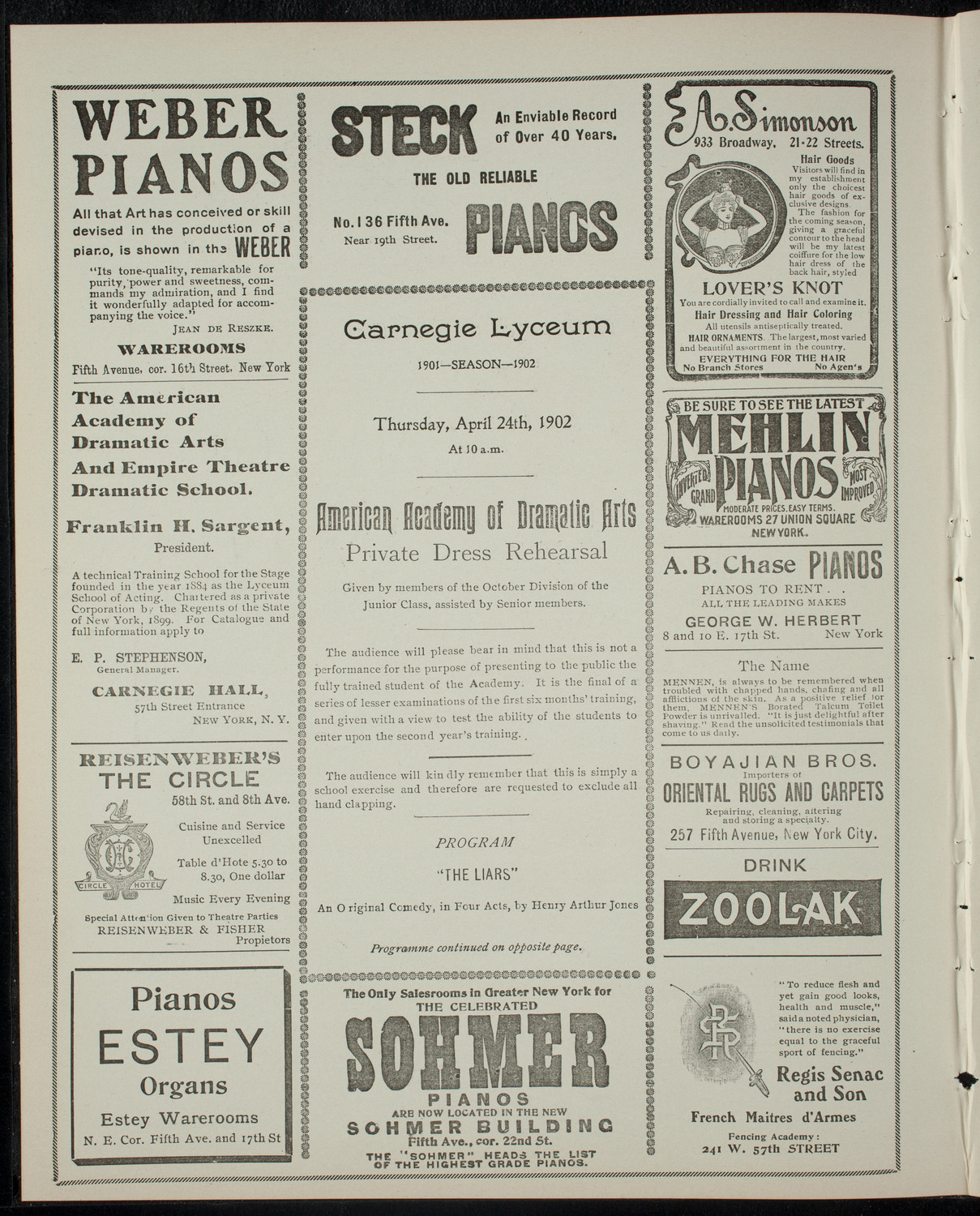 American Academy of the Dramatic Arts Private Dress Rehearsal, April 24, 1902, program page 2