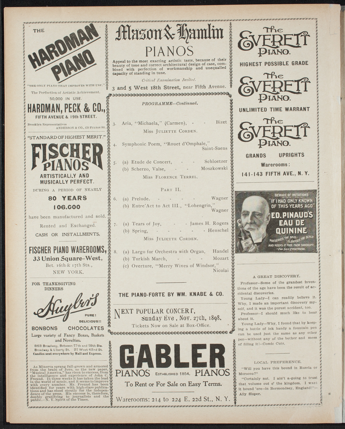 Paur Symphony Orchestra - Sunday Night Popular Concert, November 20, 1898, program page 6