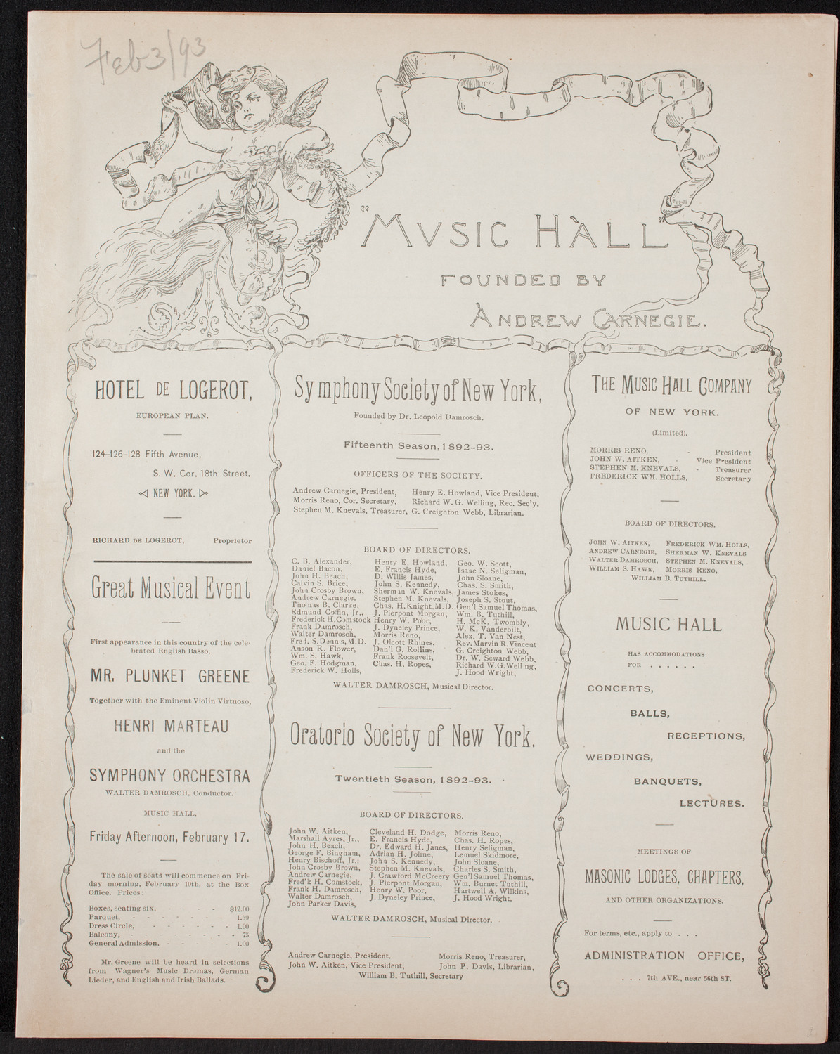 New York Symphony Orchestra, February 3, 1893, program page 1