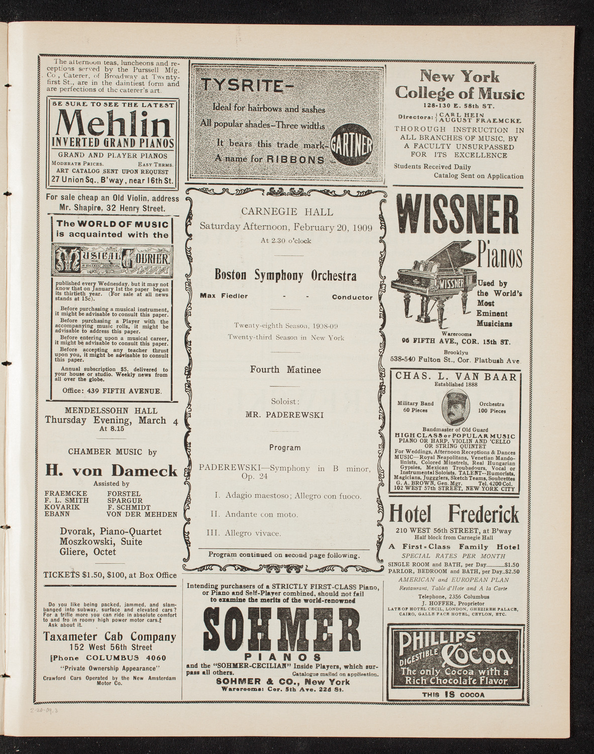 Boston Symphony Orchestra, February 20, 1909, program page 5