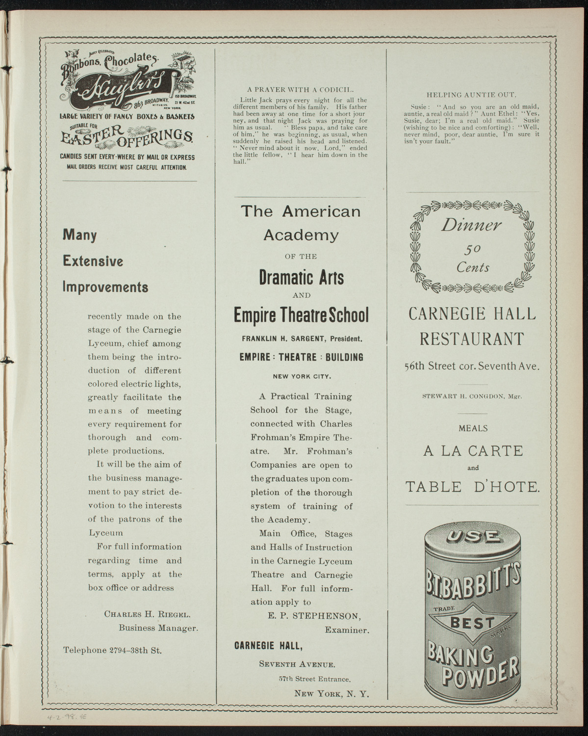 Benefit: Mrs. Percy West and Percita, April 2, 1898, program page 7